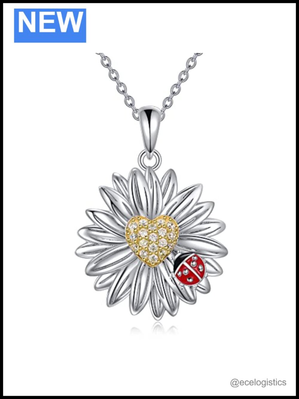 Sterling Silver Daisy Necklace with Ladybug, 18in Chain, Gift for Women